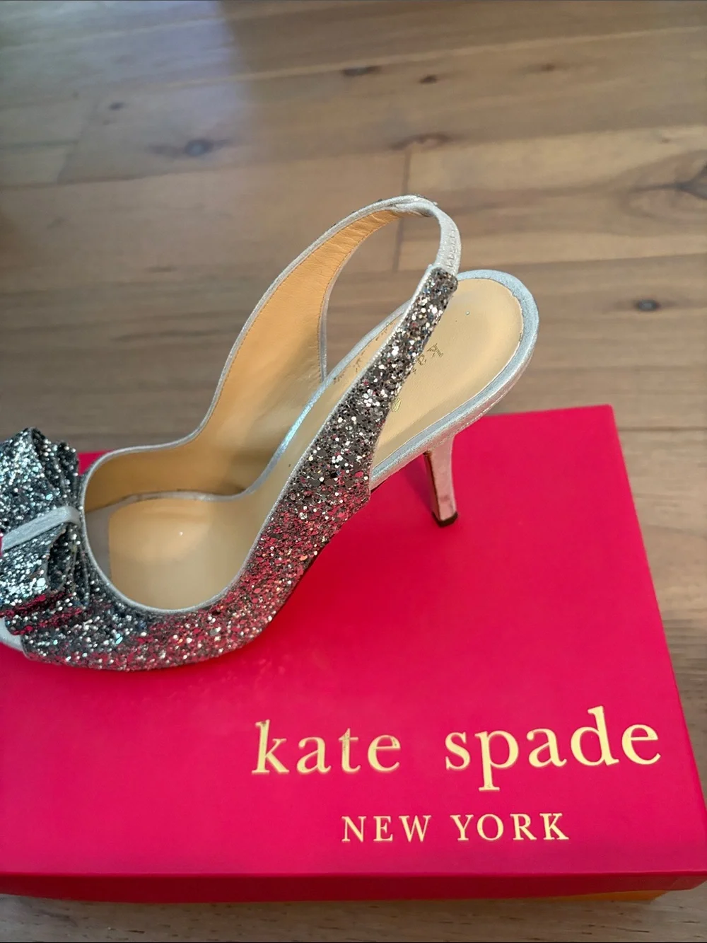 Kate Spade Silver Glitter Slingback Heels with Bow Detail - Picture 3 of 5